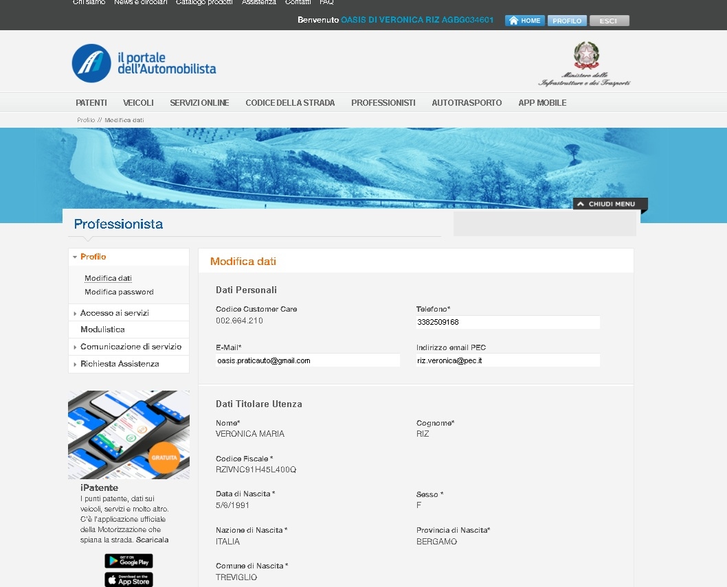 Profilo Oasis di Veronica Riz sul Portale dell Automobilista - Ministero dei Trasporti